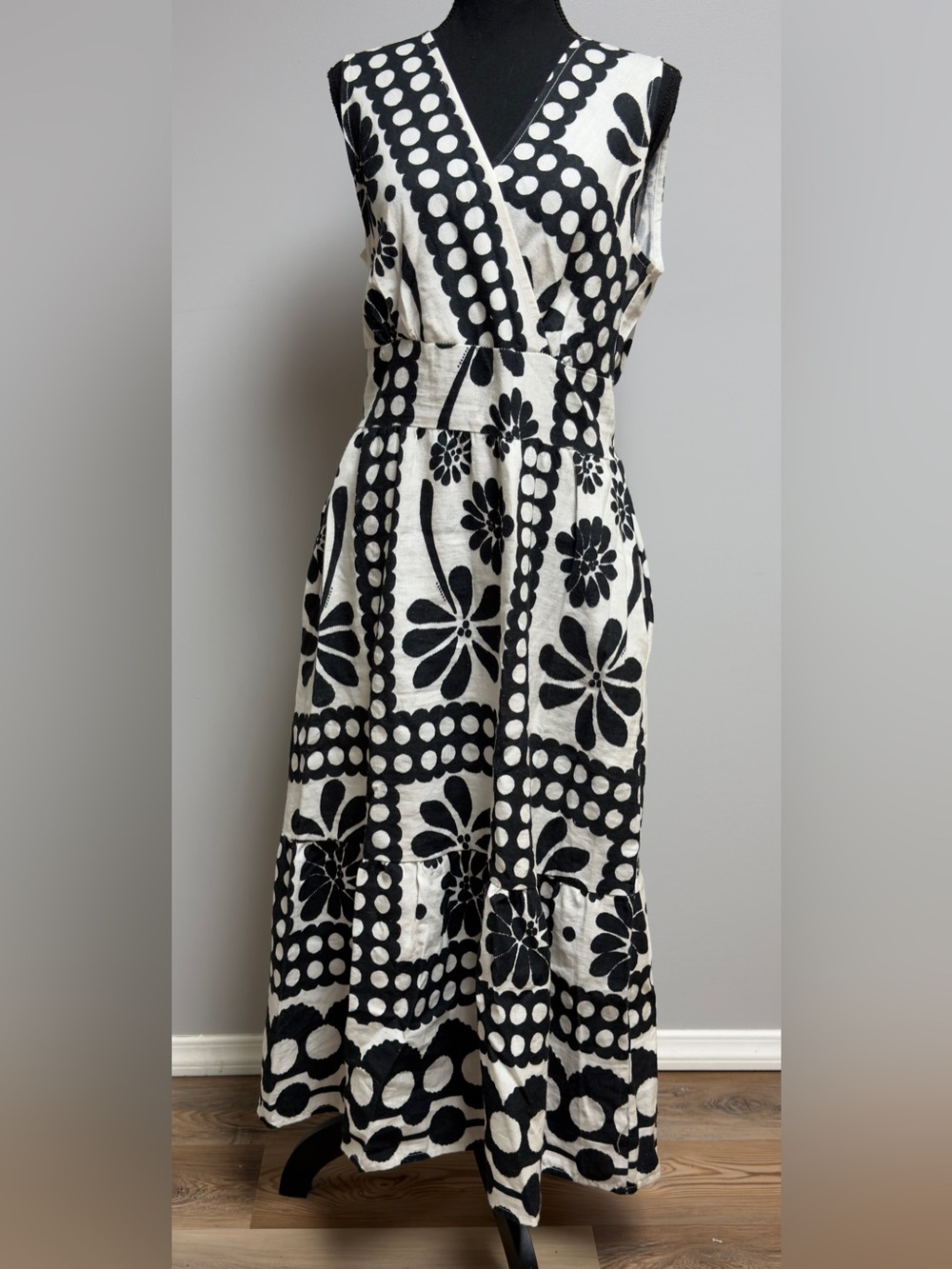 Spighe Di Lino Italy Linen Cotton Floral Graphic V-Neck Smocked Maxi Dress L